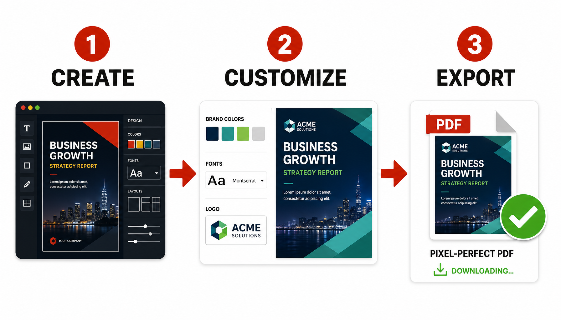 Three-step product overview: Create your document, Customize brand colors and fonts, Export a pixel-perfect PDF.