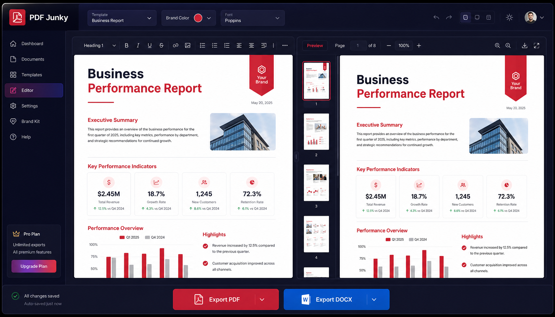 PDF Junky editor UI — document editor on the left, live PDF preview on the right, with template, brand color, and font controls.