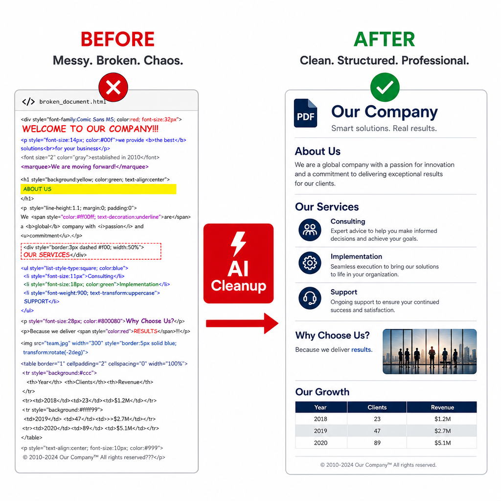 Before/after: messy broken HTML transformed into a clean, structured, professional document with one AI Cleanup click.