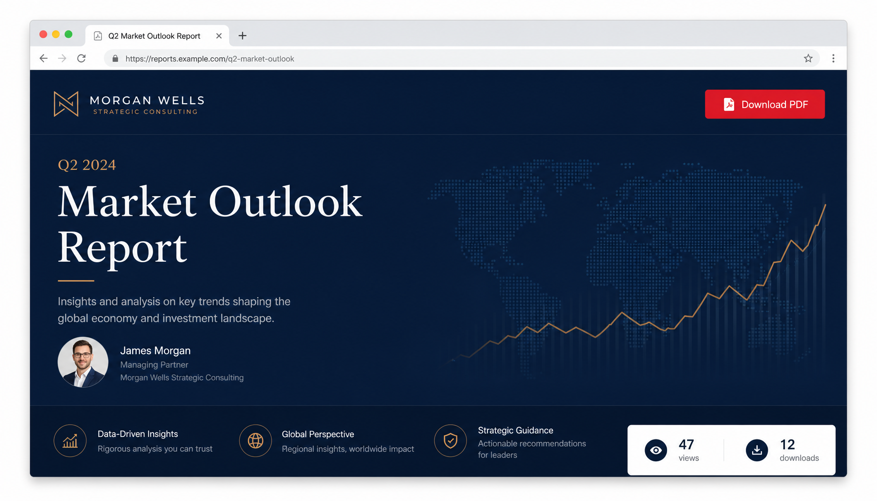 Browser view of a white-label share link — a branded Morgan Wells market outlook report with Download PDF button and view/download analytics.